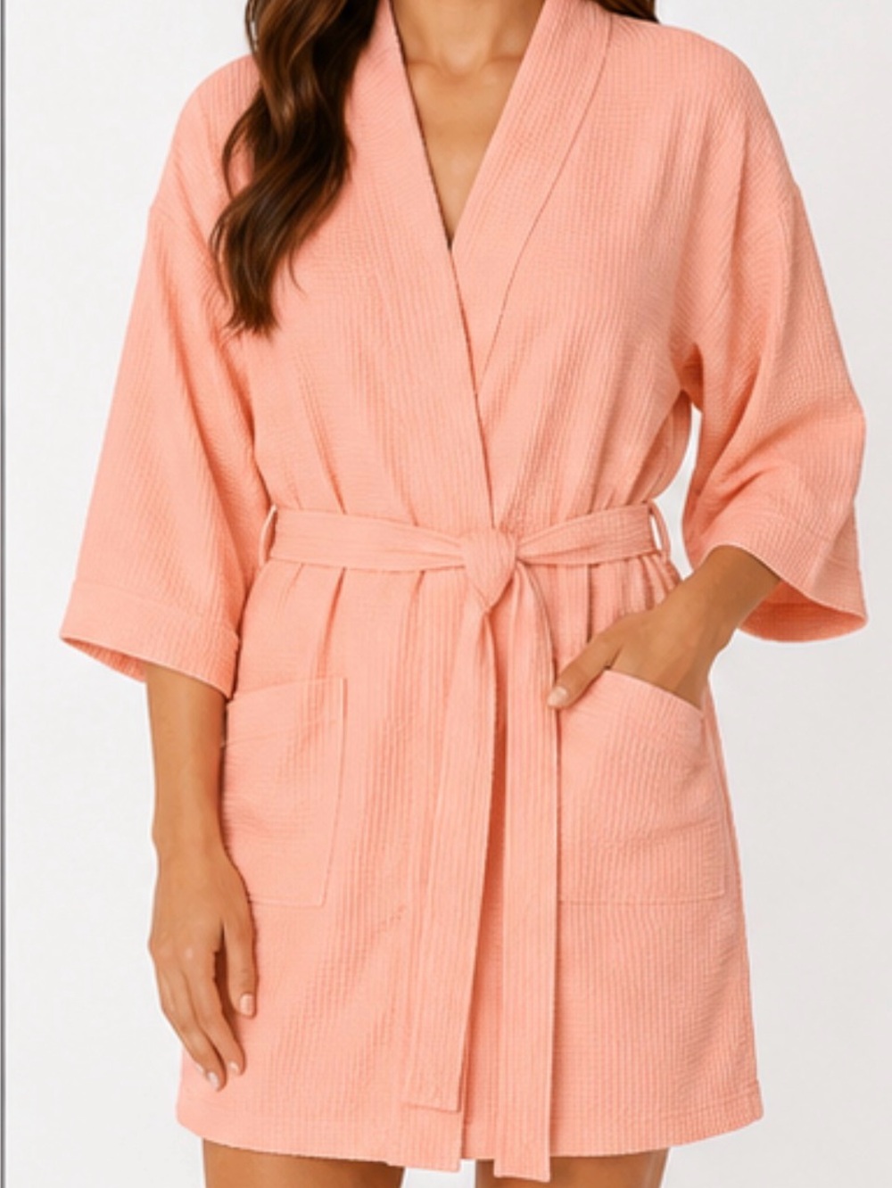 Aegean Apparel Pink Waffle Weave Short Belted Bath Robe Size Large Pockets